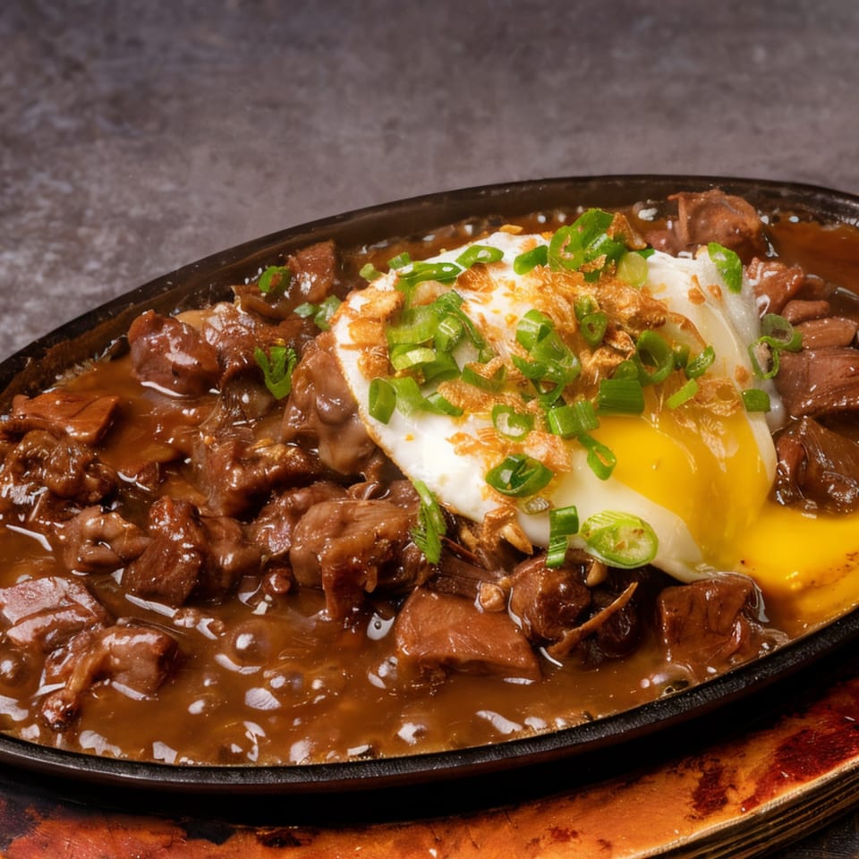 Filipino beef pares with a fried egg, green onions, and crispy garlic in a sizzling plate.
