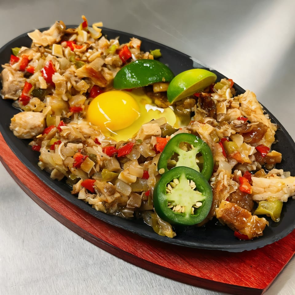Filipino sisig with a raw egg, lime wedges, and jalapeño slices on a sizzling platter.