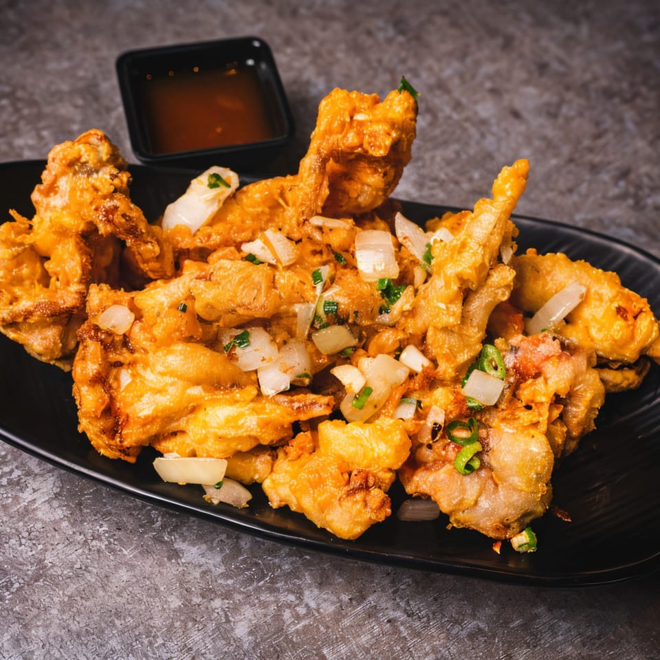 Crispy fried Filipino chicken skin, chicharon manok, topped with onions and green chilies, with a dipping sauce.